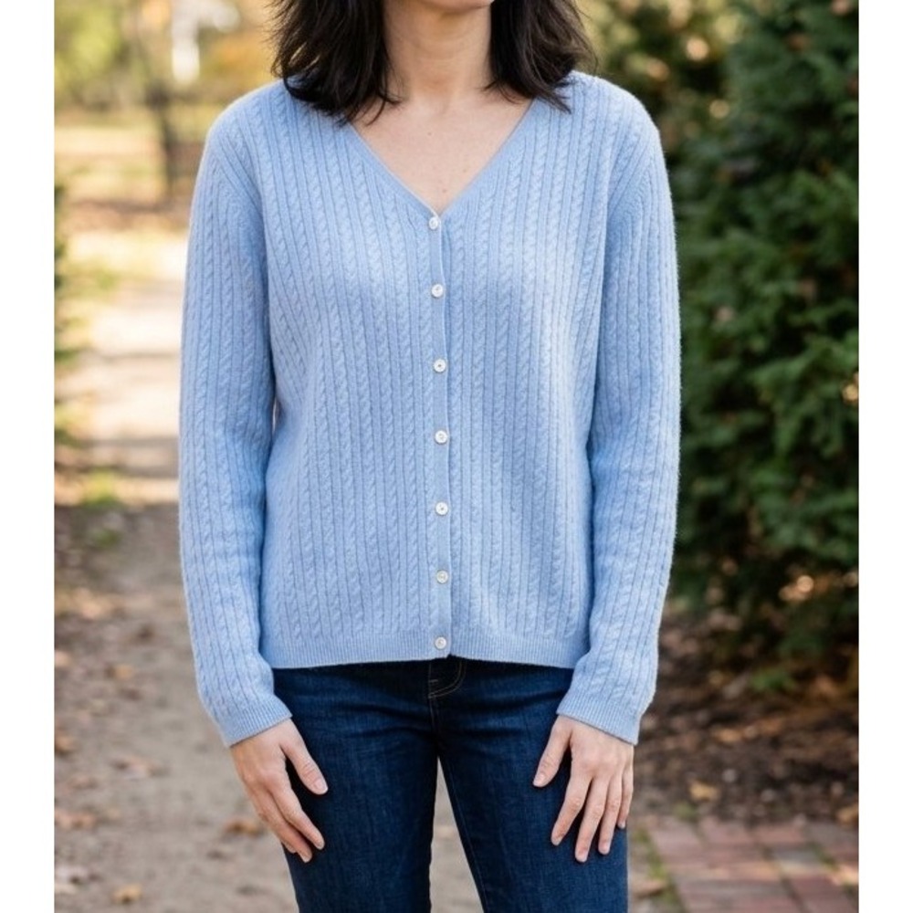 VTG 100% Cashmere Talbots Petites Cable Knit Cardigan Sweater Blue Women's L/P